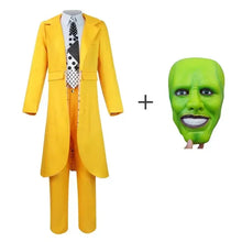 Déguisement the mask adulte avec masque plastique vert et costume jaune vif avec cravate à pois noir et blanc