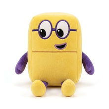 Peluche personnage chiffre jaune avec bras, jambes et lunettes violettes en peluche douce