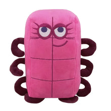 Peluche personnage chiffre modèle rose en tissu doux avec jambes courbées violettes et visage brodé souriant