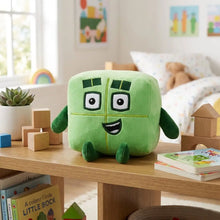 Peluche personnage chiffre modèle vert en tissu doux avec corps carré brodé de traits faciaux et petits membres