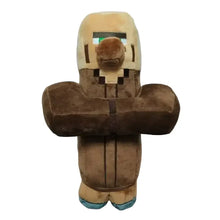 Peluche personnage villageois marron et beige avec visage pixelisé bras croisés et accents bleus aux pieds
