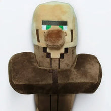 Peluche personnage villageois en tissu doux avec tête beige, yeux verts et corps marron pour collection minecraft