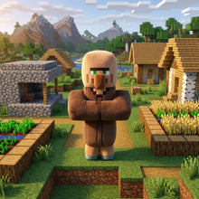Peluche personnage villageois marron avec yeux verts et nez en bois devant bâtiments pixelisés du village minecraft