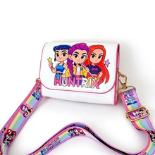 Petit sac à bandoulière enfant blanc et rose avec motifs cartoon huntrix et lanières arc-en-ciel pour petits objets