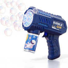 Pistolet à bulles bleu en plastique avec réservoir transparent décor astronaute idéal pour déguisement carnaval et liquide à bulles