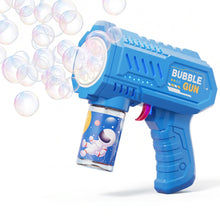 Pistolet à bulles bleu en plastique avec liquide à bulles et dessin astronaute pour déguisement carnaval enfants