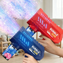 Pistolets à bulles rouges et bleus avec led lumineuses et branding bubble gun pour liquide à bulles et déguisement carnaval