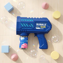 Pistolet à bulles bleu en plastique avec accents teal lumineux et liquide à bulles pour magasins de jouets et déguisement carnaval