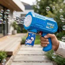Pistolet à bulles en plastique bleu avec réservoir transparent décor astronaute idéal pour liquide à bulles et déguisement carnaval