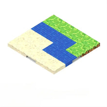 Plaque base magnétique bloc minecraft avec paysage isométrique pixel art rivière bleue herbe verte sable beige