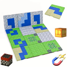 Plaque base magnétique minecraft en tuiles magnétiques vertes, bleues, grises et beiges à textures pixélisées