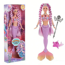 Poupée sirène lumineuse de 30 cm avec queue dégradée violet rose, cheveux tressés, couronne, collier et baguette décorative