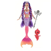 Poupée sirène lumineuse avec longue chevelure violette et rose tressée, couronne argentée, queue dégradée lavande à corail