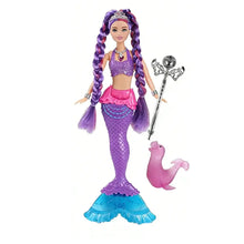 Poupée sirène lumineuse de 30 cm avec cheveux tressés, haut violet pailleté, queue écaillée et nageoires bleues translucides