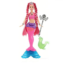 Poupée sirène lumineuse de 30 cm avec cheveux tressés, haut rose scintillant, jupe violette et bâton clé orné