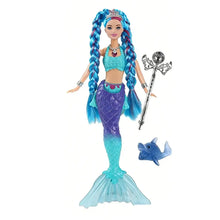 Poupée sirène lumineuse de 30 cm avec cheveux bleus tressés et queue turquoise violet à écailles assortie