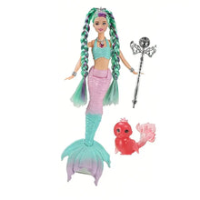 Poupée sirène lumineuse 30 cm avec cheveux tressés turquoise violet et queue dégradé rose turquoise tenant un sceptre argenté