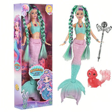 Poupée sirène lumineuse 30 cm avec cheveux dégradés teal et rose, top bicolore, jupe et queue articulée violet à vert menthe