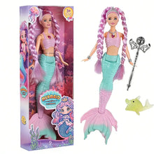 Poupée sirène lumineuse 30 cm avec dégradé rose et teal, cheveux tressés, tiara et queue assortie