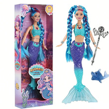 Poupée sirène lumineuse de 30 cm avec cheveux tressés, haut teal et queue écaillée bleu violet turquoise