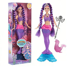 Poupée sirène lumineuse de 30 cm avec cheveux tressés violets et roses, haut pailleté violet et queue à motif d’ecailles bleue