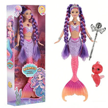 Poupée sirène lumineuse de 30 cm avec cheveux tressés violet et rose et queue bicolore lavande et corail