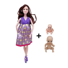 Poupée maman enceinte 30 cm avec robe violette à coeurs jaunes idéale pour déguisement carnaval et magasins de jouets