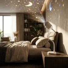 Projecteur usb ciel étoilé blanc avec bras flexible projetant des motifs d étoiles et de lune sur murs et plafond