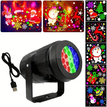 Projecteur de noël cylindrique noir avec lentille arc-en-ciel usb affichant 16 motifs lumineux pour déguisement carnaval