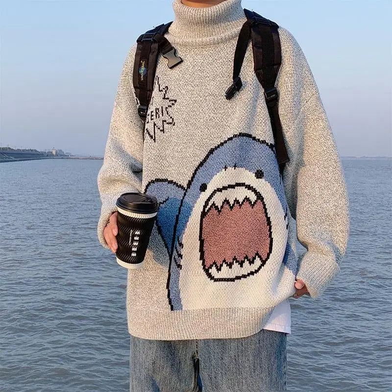 Pull col roulé large requin unisexe tendance hiver