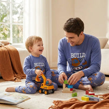 Pyjama enfant engins bleu à manches longues avec motif chantier et véhicule de construction pour enfants