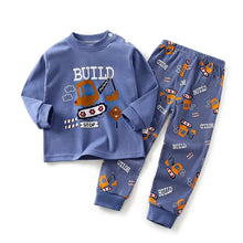 Pyjama enfant engins de chantier bleu manches longues avec imprimés orange véhicules de construction et texte build