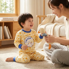Pyjama enfant manches longues jaune avec motifs animaux jaunes et canard lucky bleu surpiqûre