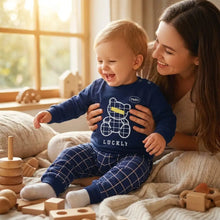 Pyjama enfant ourson bleu marine à manches longues avec motif ours en grille blanche et pantalon à carreaux assorti