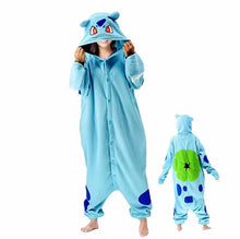 Onesie pokémon bulbasaur bleu clair en peluche avec accents bleu foncé et feuille verte dos pour cosplay unisexe pyjama soirées cocooning