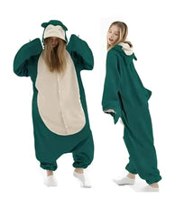 Pyjama cosplay unisexe snorlax vert foncé et crème en texture pelucheuse douce pour soirées cocooning