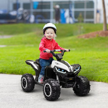 Quad électrique 12v pour enfants noir et blanc avec pneus tout terrain et phares lumineux disponible en magasins de jouets