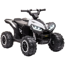 Quad électrique 12v pour enfants noir et blanc avec pneus tout terrain led phares et badge strong sur le pare-chocs avant
