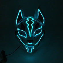 Masque renard lumineux bleu led avec éclairage néon pour halloween et cosplay mettant en valeur ses traits et oreilles pointues