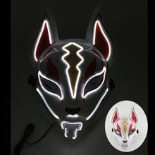 Masque renard lumineux noir avec contours neon blanc et rouge et eclair doré pour halloween et cosplay