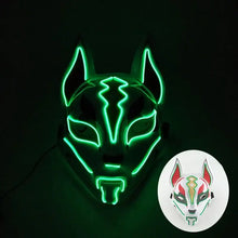 Masque renard lumineux vert avec lignes led vertes sur base noire pour halloween et cosplay