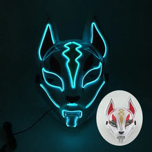 Masque renard lumineux led avec bandes neon bleues et version blanche avec accents rouges et or pour halloween et cosplay