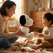 Peluche chien rêveur de dessin animé blanche et noire avec collier rouge en peluche douce