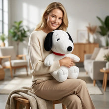 Peluche chien rêveur dessin animé snoopy en peluche blanche et noire avec collerette rouge