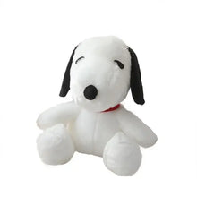 Peluche chien rêveur de dessin animé blanche avec oreilles, nez et yeux noirs et collier rouge