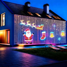Rideau lumineux connecté de noël à 400 led avec affiche multicolore de père noël, rennes, bas et cloches projetée sur mur