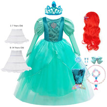Robe costume ariel enfant turquoise à bodice pailleté et jupe tulée en couches avec accessoires petite sirène
