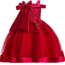 Robe de princesse brodée rouge pour fille avec nœud satin épaule dentelle florale perles jupe tulle élégante à fleurs