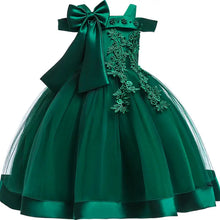 Robe de princesse brodée pour fille en satin vert émeraude et tulle avec grand nœud épaule et broderie florale élégante à fleurs