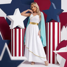 White floor-length gown with gold trim and belt paired with light blue sheer cape for reine romaine grecque costume